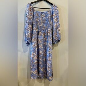 Jessica Simpson Blue and White Floral Long Sleeve Midi Dress